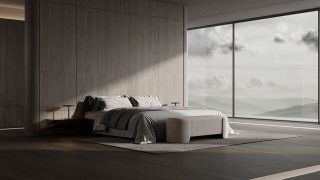 Modern minimalistic bedroom with panoramic window in stylish hotel villa