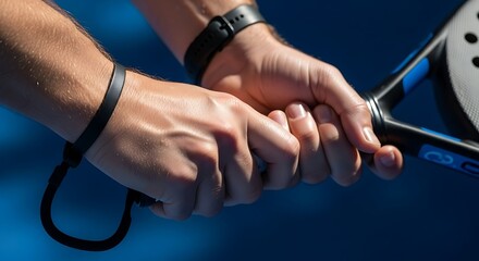 Close-up of hands gripping a padel racket on a blue court
