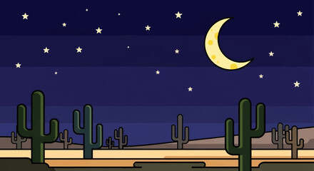 Cactus plants in a desert landscape under a starry night sky with a crescent moon.
