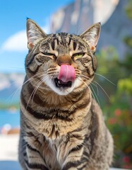 Tabby cat licks nose
