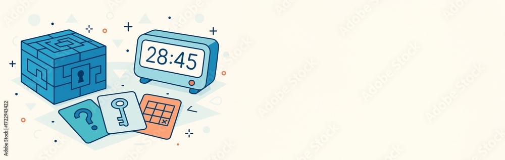 Poster escape room puzzle elements with countdown timer and maze box on abstract background with empty copy