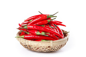 Fresh Red Chili Peppers in Wicker Basket on White Background