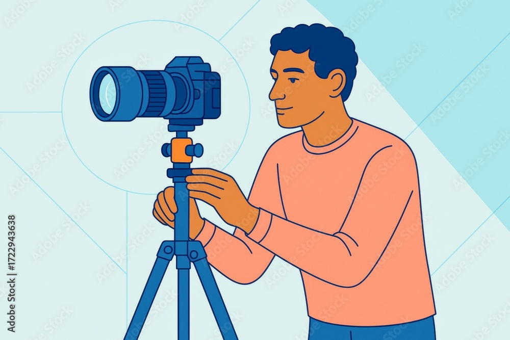 Poster creative illustration of photographer adjusting camera on tripod with light background in modern fla