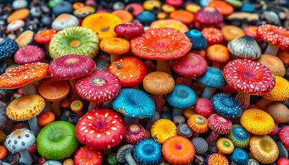 Fototapeta premium Vibrant array of colorful mushrooms, various sizes and textures, close-up, stock photo