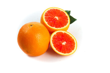 Fresh Ruby Red Grapefruit Whole and Sliced on White Background