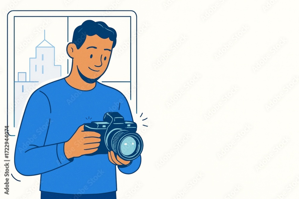 Poster smiling man holding a camera in front of urban window with blank copyspace on the right side for cre
