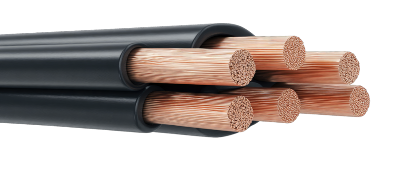 Close-up of a multi-wire electrical cable with dark casing and copper conductors