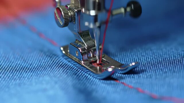 Close Up Red Thread Sewing Blue Fabric