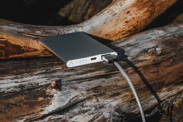 Modern Power Bank Resting on a Rustic Log