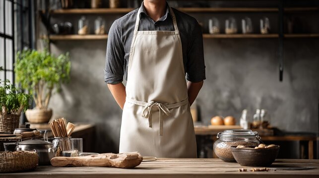 person wearing beige apron stands in rustic kitchen with shelves stocked with jars and plants