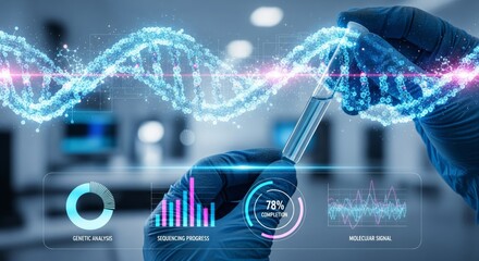 Obraz premium Futuristic DNA Helix with Data Charts and Scientist Holding Test Tube for Genetic Research Concept Stock Illustration