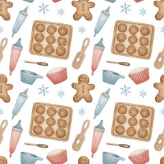 “Gingerbread Baking Cookies Seamless Pattern – Cute Christmas Digital Paper with Festive Cookies, Rolling Pins, and Holiday Kitchen Background for Scrapbooking & Crafts”