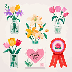 Obraz premium A collection of colorful floral bouquets in vases, alongside a Mother's Day card and a ribbon.