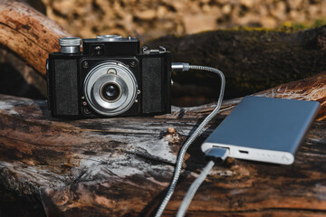 Vintage Camera Powered by Portable Power Bank via Braided USB Cable