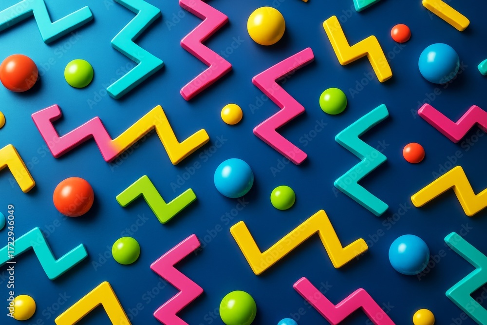 Poster abstract colorful geometric zigzag and sphere shapes on a deep blue background, modern playful desig