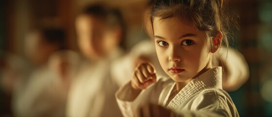 The young girl practicing martial arts with determination and focus in the dojo.