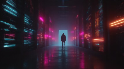 A solitary figure walks down a futuristic corridor illuminated by vibrant neon lights and digital patterns