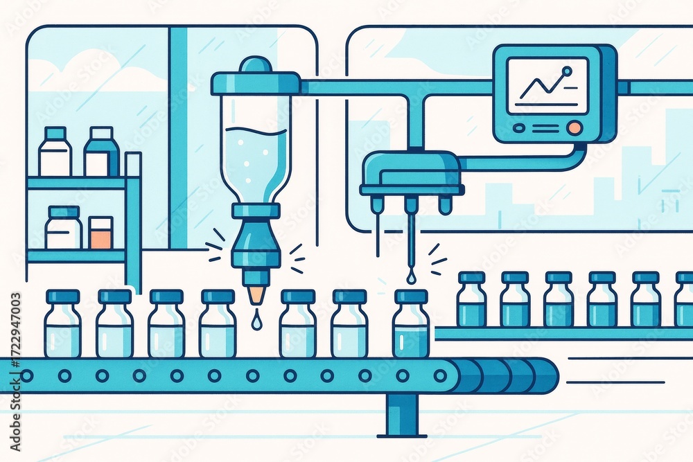 Poster automated pharmaceutical bottling machine filling vials on conveyor belt in lab with digital interfa