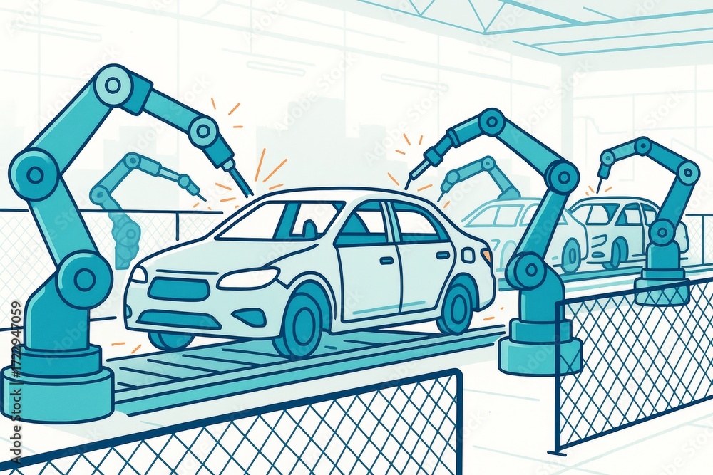 Poster robotic arms assembling cars on automated production line inside modern factory with bright light ba
