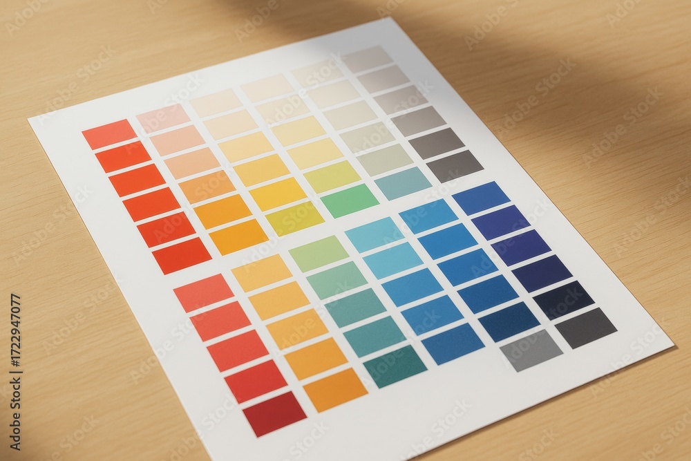 Poster color swatch chart with wide palette of vibrant hues on white paper placed on wooden surface in soft