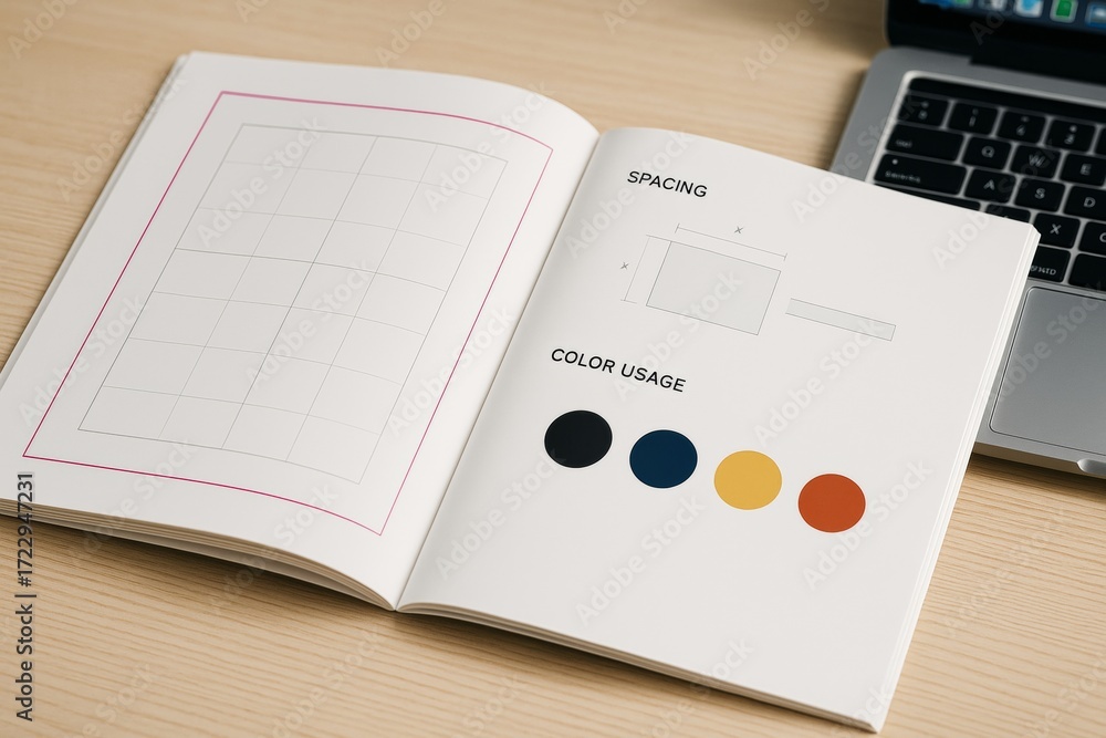 Poster open brand guideline book showing layout grid, spacing metrics, and color usage samples on office de