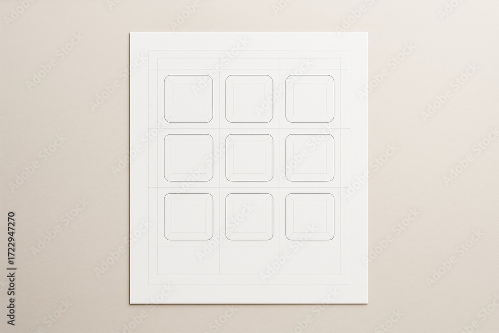 Poster minimal white layout sheet with outlined square placeholders on light beige background, clean blank 