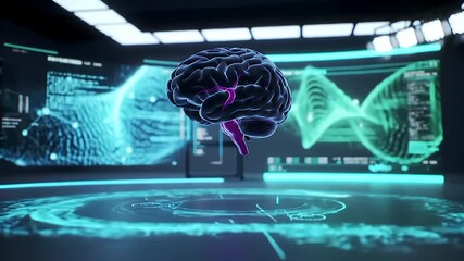 Futuristic digital human brain model glows and rotates in a high-tech laboratory environment, surrounded by abstract data visualizations and cutting-edge technology, symbolizing AI, neurological resea - Powered by Adobe