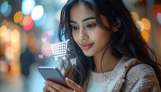 An woman looks at her phone with shopping cart graphics hovering on it. Bokeh lights in the background create a feeling of a busy city - Powered by Adobe