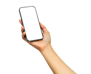 Mobile smart phone with white blank screen in Asian lady hand  for communication isolated on white background with clipping path.