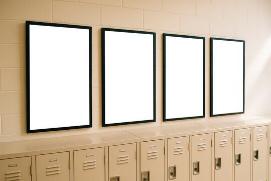 Four vertical blank posters on school hallway wall above beige lockers in clean interior for design mockup or branding presentation concept. Ai generative