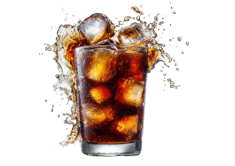 Iced cola in glass, splashing ice