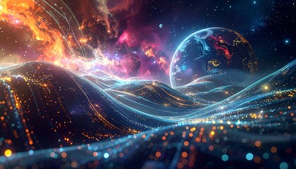 A mesmerizing cosmic scene depicting planet, nebulae, waves of light, & galaxies. Stellar explosion paints the sky with hues