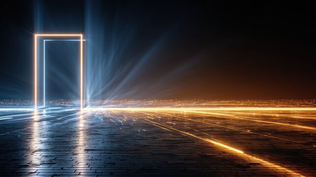 Neon gateway to futuristic cityscape