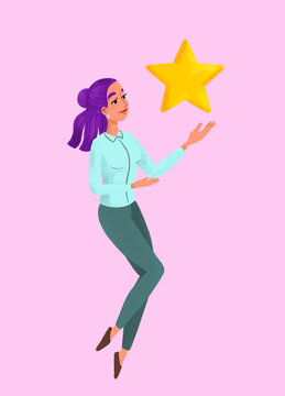 Woman with purple hair reaching for a star on pink background illustration