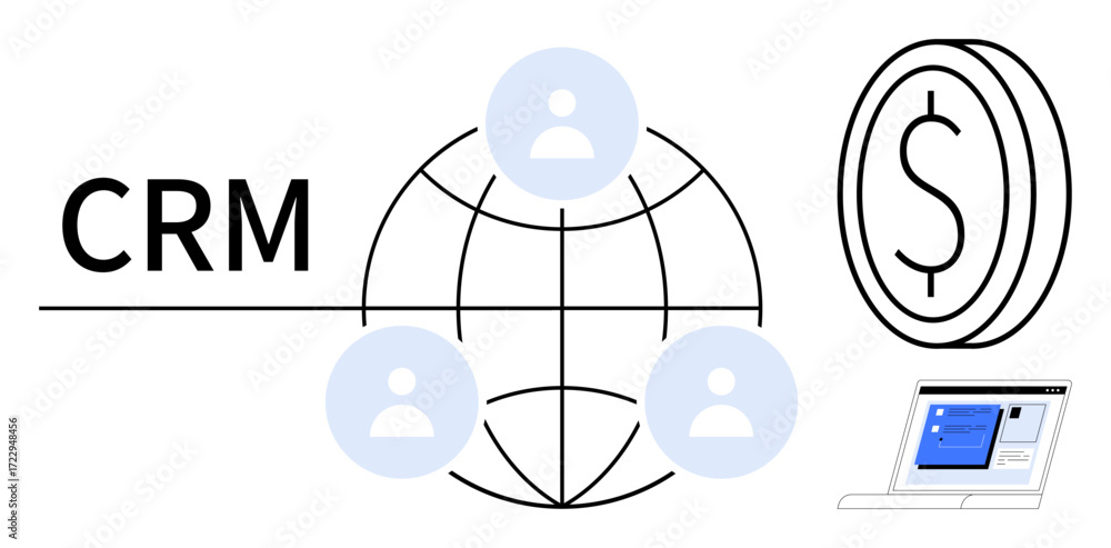 Poster crm text linked to a globe with user icons, a coin representing revenue, and a laptop dashboard. ide