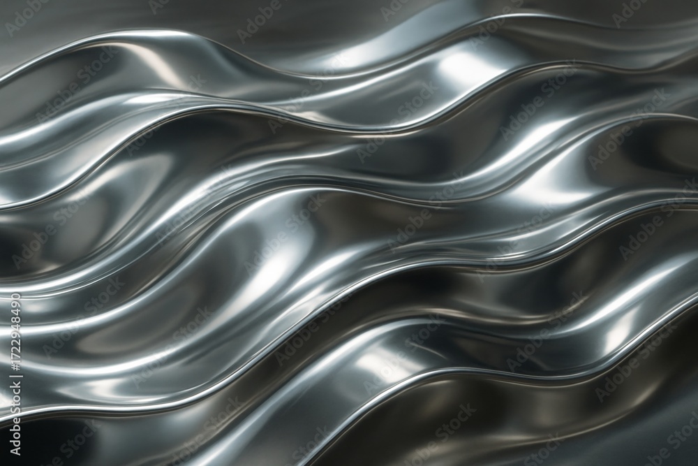 Poster abstract metallic fluid waves with glossy reflective light surface forming smooth curves and texture