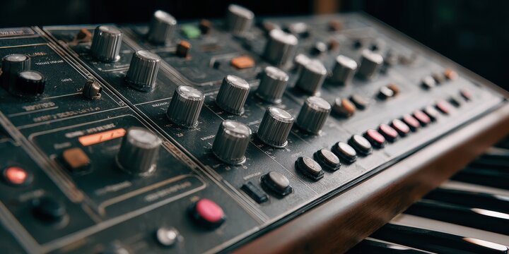 Retro Sound Symphony: A close-up showcases a classic analog synthesizer with knobs, keys, and controls, bathed in moody lighting, evokes the era of vintage sound design and music creation.