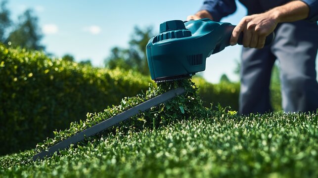 Professional landscaper using a powerful gas powered trimmer to shape the edges of a well maintained garden with neatly trimmed grass and hedges under a clear blue sky