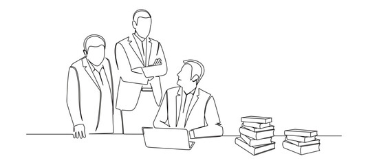 Continuous line art of a man in a work suit sitting, and two other people standing and discussing their work with a pile of books beside them. vector illustration