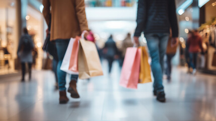 Naklejka premium People walking with shopping bags in a busy mall during holiday sales season