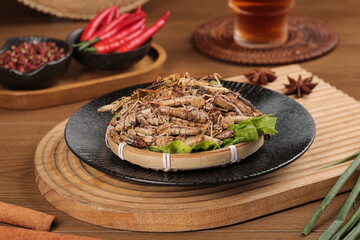 Fresh Fried Grasshoppers Locusts Traditional Asian Cuisine Edible Insects Protein Snack Food