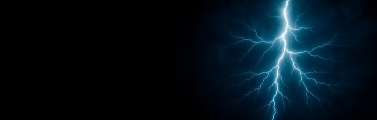 Electric lightning bolt with glowing blue branches on dark background, dramatic energy concept with clean copyspace for creative design. Ai generative