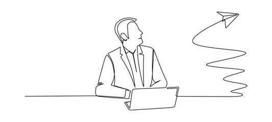Continuous line art of a man working in front of a laptop and looking at a flying paper airplane. concept of getting a brilliant idea.

