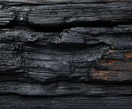 Charred Wood Texture: A close-up view of weathered, charcoal-black wood reveals a mesmerizing dance of textures, highlighting the rugged essence of natural elements. - Powered by Adobe