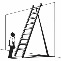 A man looking up at a tall ladder leaning against a wall in a black and white illustration style image created with generated ai