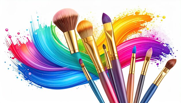 Colorful paintbrushes and makeup brushes in a vibrant abstract background