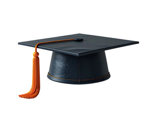 Dark-blue graduation cap with orange tassel, angled slightly, on black background; detailed texture