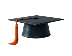 Dark-blue graduation cap with orange tassel, angled slightly, on black background; detailed texture