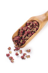 Sichuan Dahongpao Peppercorns in Wooden Spoon - Premium Chinese Spice Grains on White Background