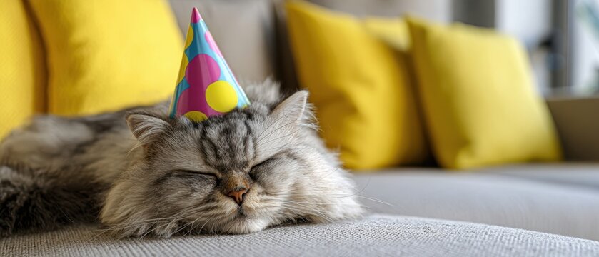 The adorable cat wearing a birthday hat relaxing on a cozy sofa.